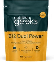 Nutrition Geeks B12 Dual Power, vegan food supplement tablet packaging, no flavour, 365 tablets