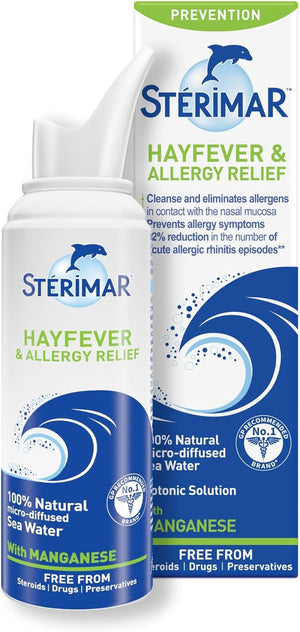 Front image: Sterimar hayfever nasal spray sea water manganese bottle & box 50ml