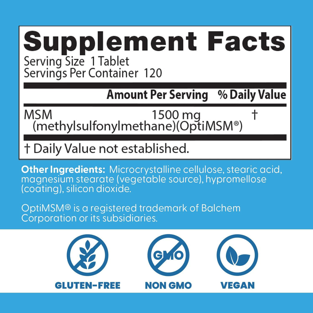 Doctor's Best MSM with OptiMSM, bottle packaging, no flavour, 1500mg, 120 tablets, supplement facts and ingredients