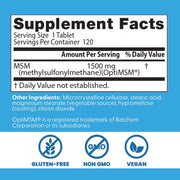 Doctor's Best MSM with OptiMSM, bottle packaging, no flavour, 1500mg, 120 tablets, supplement facts and ingredients