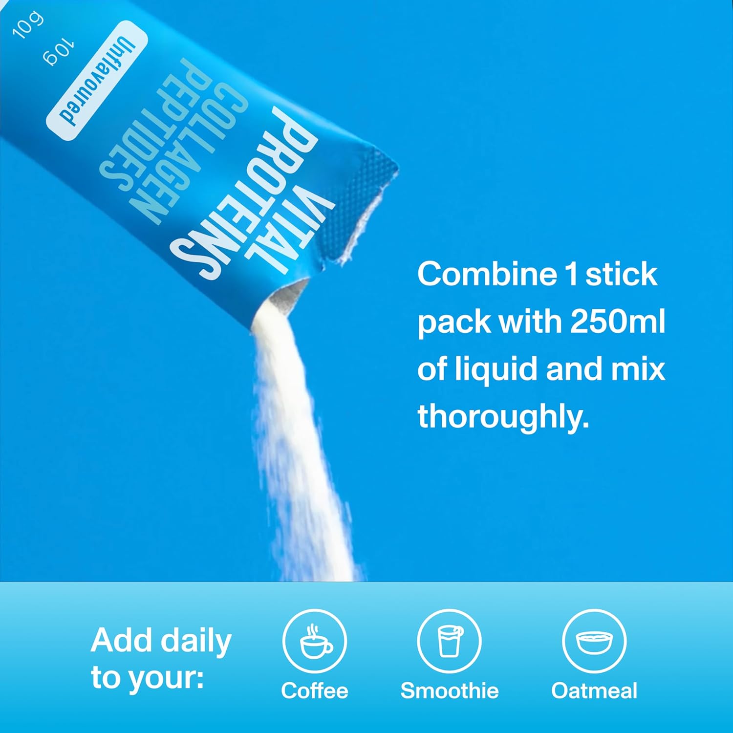 How to Use: Vital Proteins Collagen Peptides sachets unflavoured 10 pack 10g each usage instructions