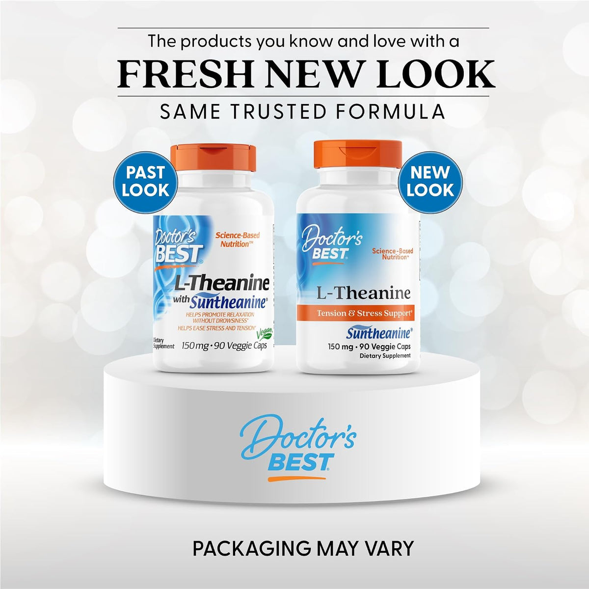 Doctor's Best L-Theanine with Suntheanine, bottle packaging, unflavoured, 150mg, 90 veggie capsules, new packaging
