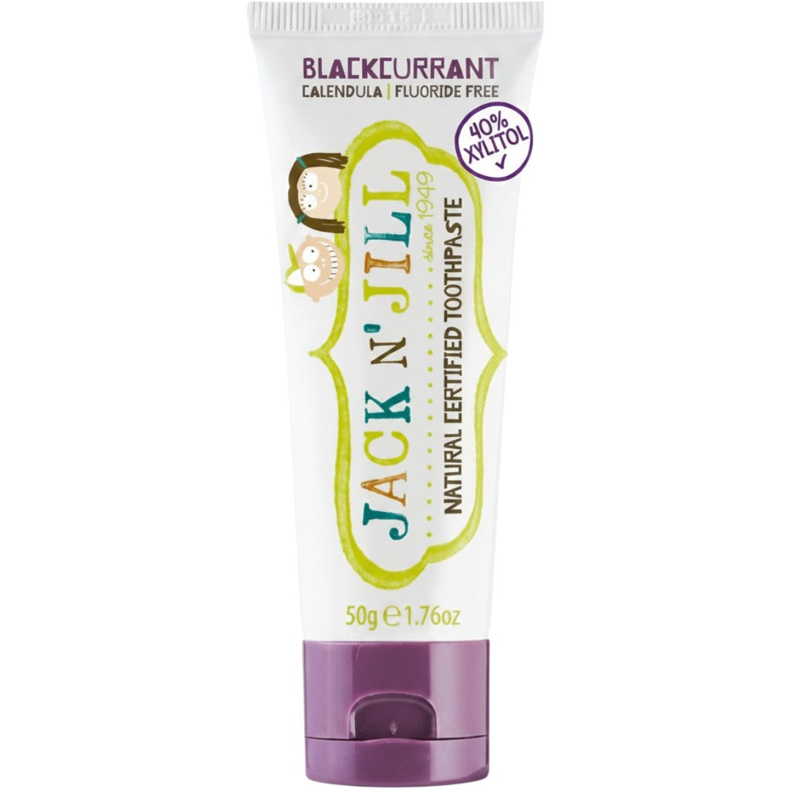 Jack N' Jill Natural Certified Toothpaste Blackcurrant, toothpaste tube packaging, blackcurrant flavour, 50g