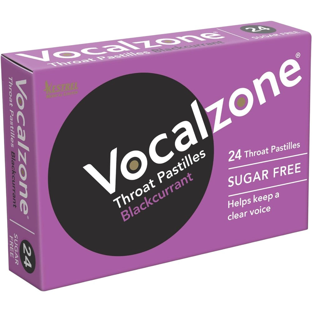 Vocalzone Blackcurrant Sugar Free Pastilles blackcurrant flavour 24 count front packaging