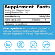 Supplement facts & ingredients image: Doctor's Best Alpha-Lipoic Acid 600mg supplement facts ingredients bottle 180 count