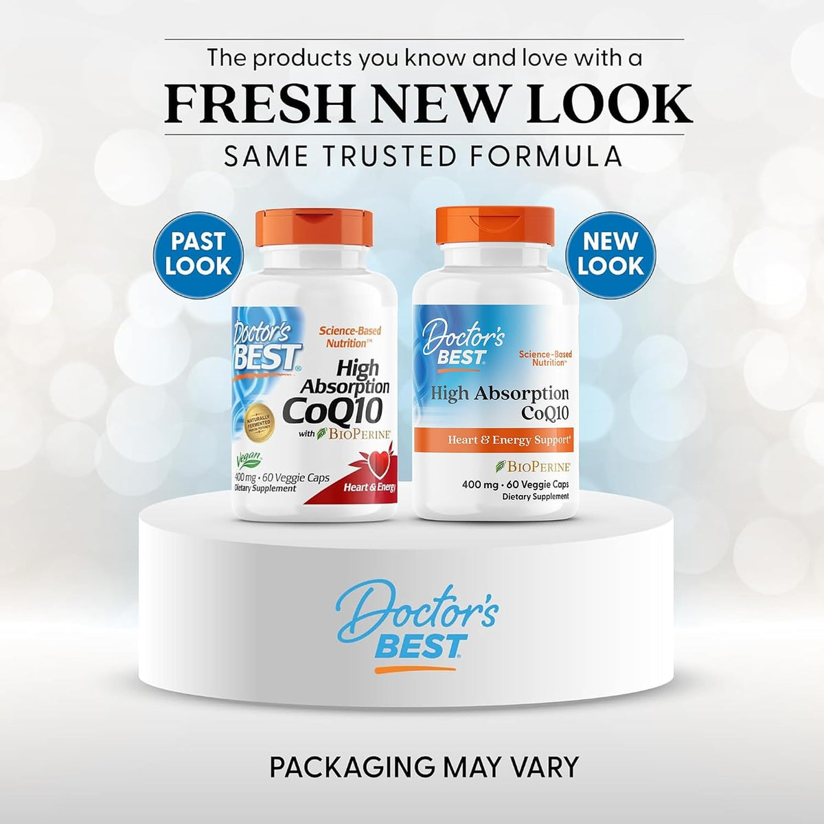 Doctor's Best High Absorption CoQ10 with BioPerine, bottle packaging, unflavoured, 400mg, 60 veggie capsules, new packaging