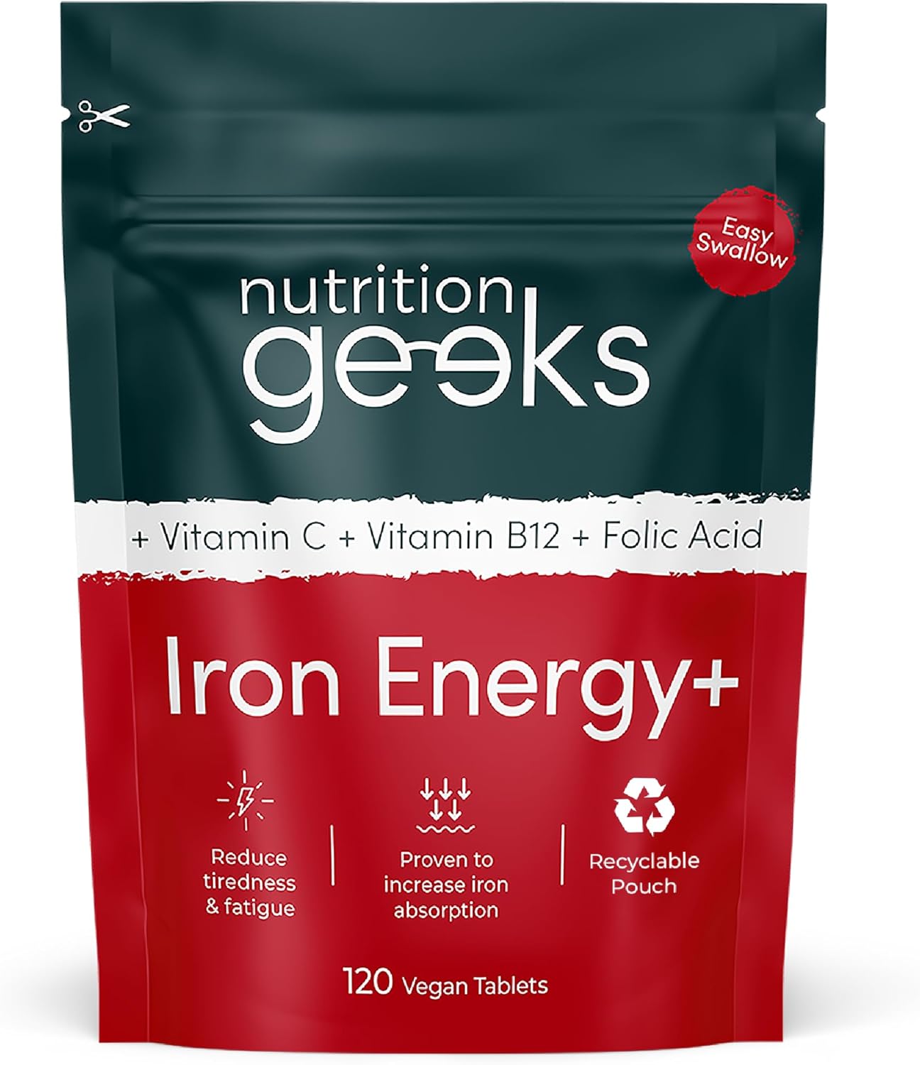 Nutrition Geeks Iron Energy+ 14mg, vegan food supplement tablet packaging, no flavour, 120 tablets