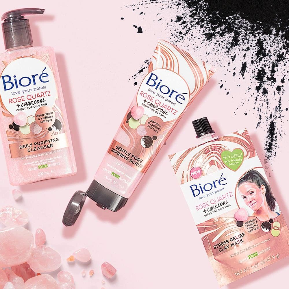 Bioré Rose Quartz + Charcoal Gentle Pore Refining Scrub 110ml used during facial skincare routine