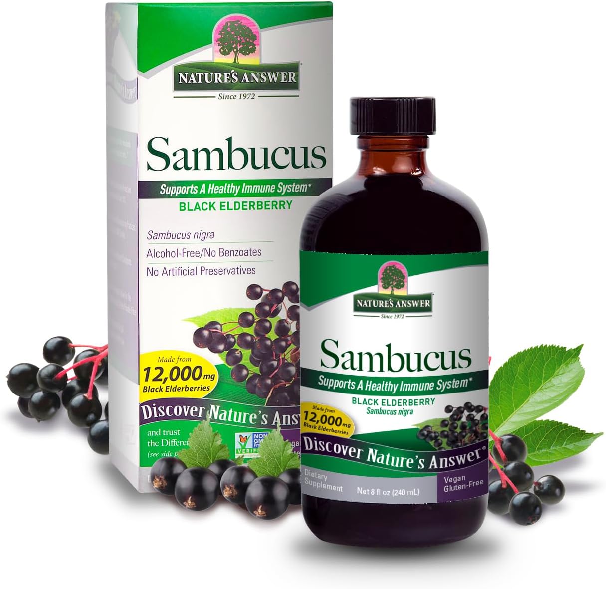 Nature’s Answer Sambucus elderberry extract syrup alcohol free 240ml bottle & box front view on a white background