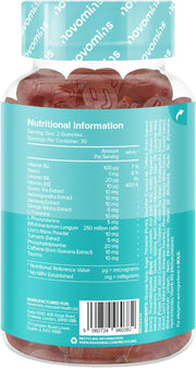 Novomins Focus Gummies Strawberry 60 Count ingredients nutritional label with barcode