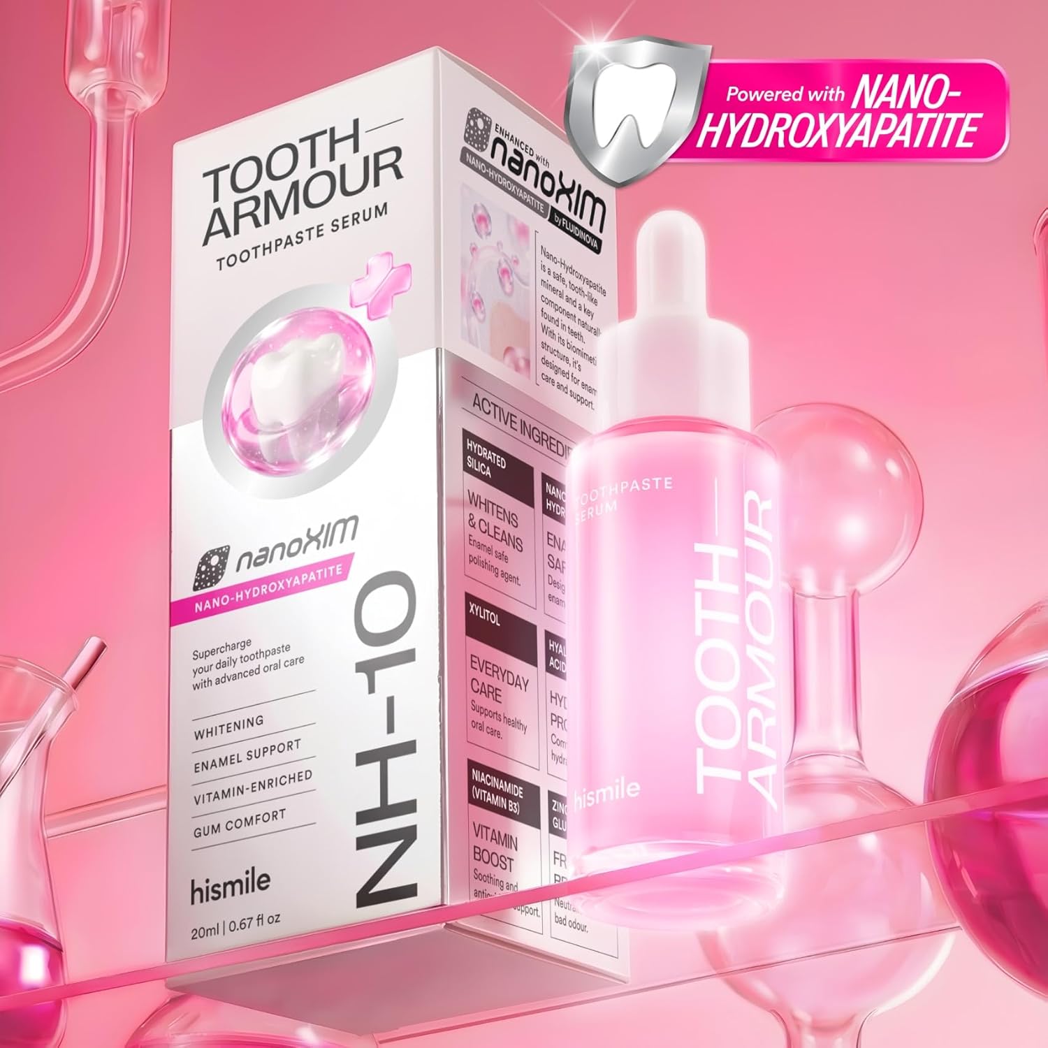 Hismile Tooth Armour NH-10 Nano-Hydroxyapatite Toothpaste Serum, bottle and carton packaging, flavour not specified, 20ml, daily oral care use