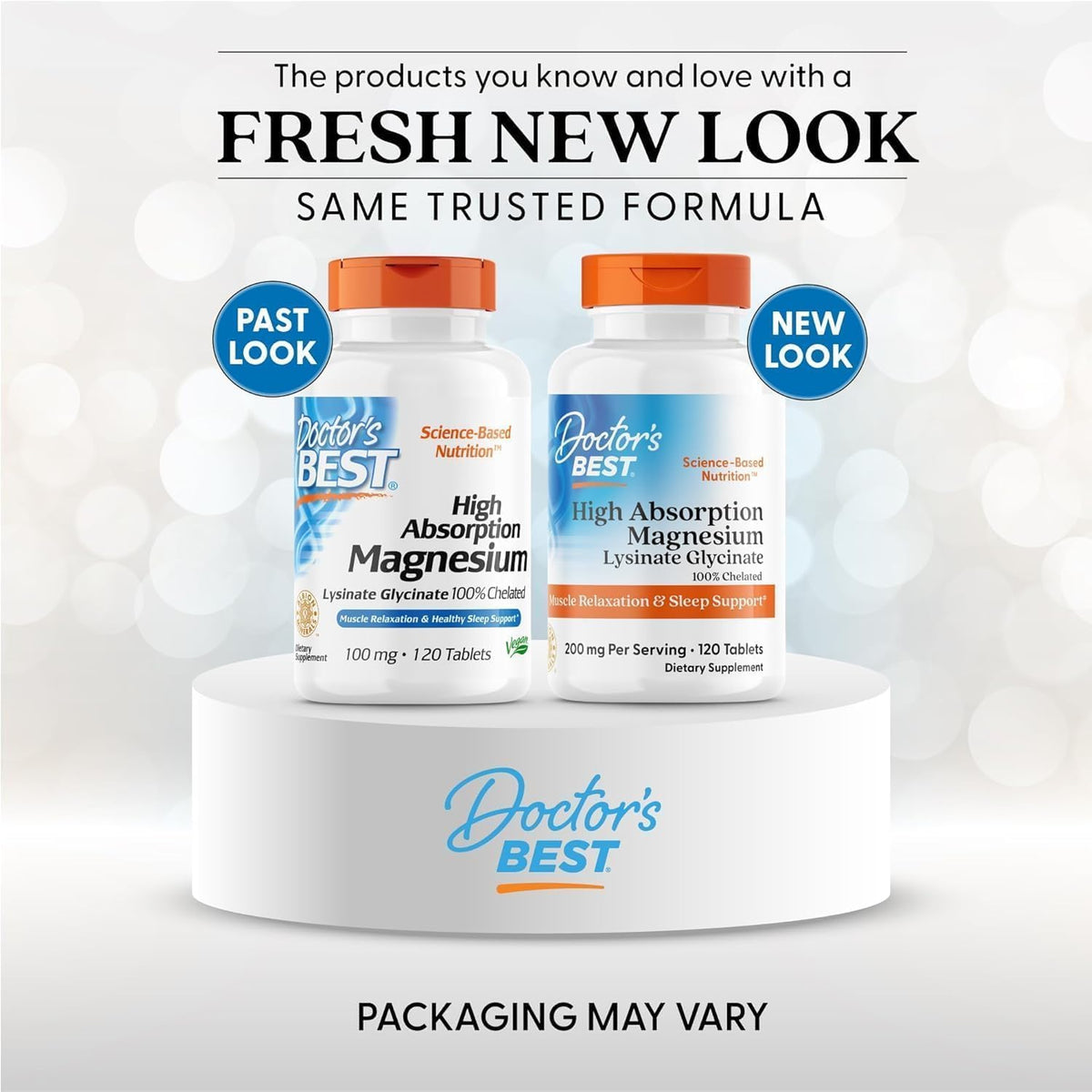 Doctor's Best Magnesium Lysinate Glycinate, bottle packaging, unflavoured, 200mg, 120 or 240 tablets, new packaging