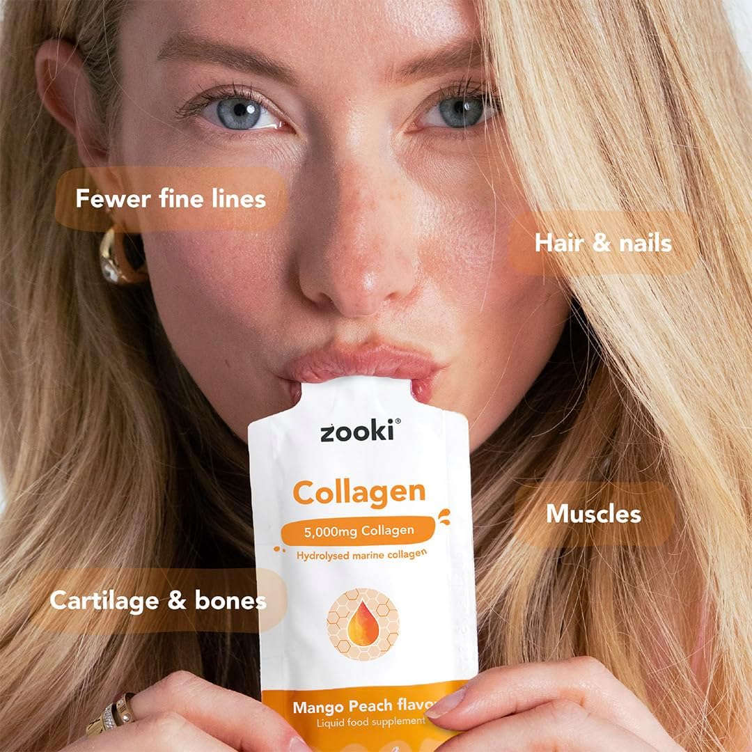 Zooki Marine Collagen 5000mg Mango Peach liquid sachets 14 x 15ml daily serving instructions