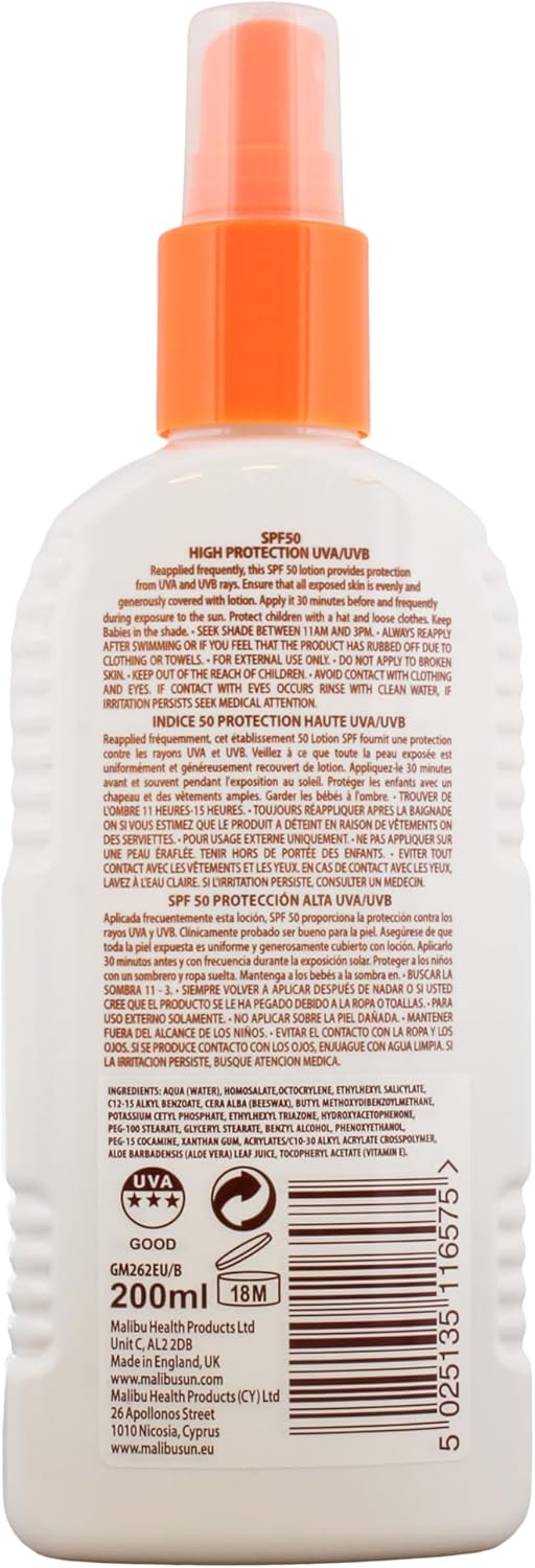 Back of Malibu SPF 50 Sunscreen Spray showing ingredients and drug facts.