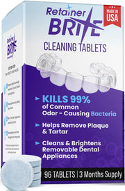 Retainer Brite Cleaning Tablets, cardboard box and tablet packaging, no flavour specified, 96 tablets