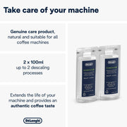De'Longhi EcoDecalk Mini Coffee Machine Descaler, carton and liquid bottle packaging, unscented formula, 2 x 100ml, coffee machine maintenance use