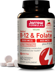 Front Image: Jarrow Formulas methyl b12 5000mcg methyl folate 800mcg chewable tablets 60 count front packaging