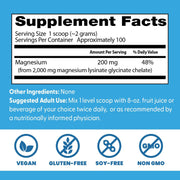Doctor's Best High Absorption Magnesium Lysinate Glycinate Powder, tub packaging, unflavoured, 200mg, 200g, supplement facts and ingredients
