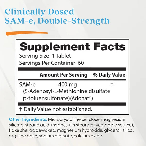 Doctor's Best Double-Strength SAM-e, bottle packaging, no flavour, 400mg, 60 enteric-coated tablets, supplement facts and ingredients