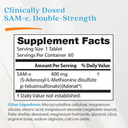 Doctor's Best Double-Strength SAM-e, bottle packaging, no flavour, 400mg, 60 enteric-coated tablets, supplement facts and ingredients