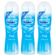 Front Image: Durex Play Feel lubricant gel water based 3x50ml bottles packaging front