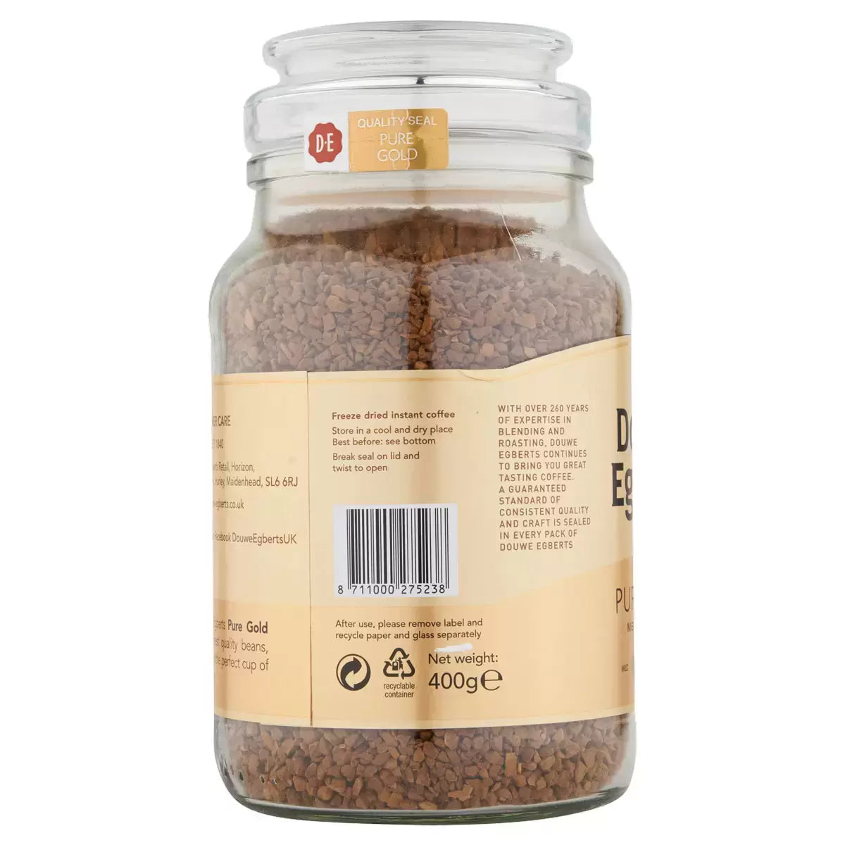 Barcode Image: Douwe Egberts Pure Gold instant coffee granules jar 400g barcode packaging