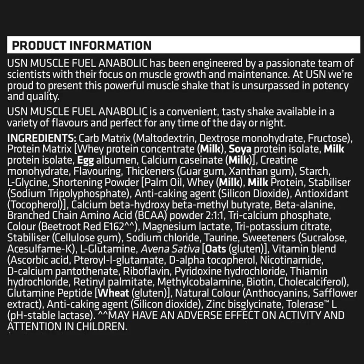 Back label of USN Muscle Fuel Anabolic with nutrition facts.