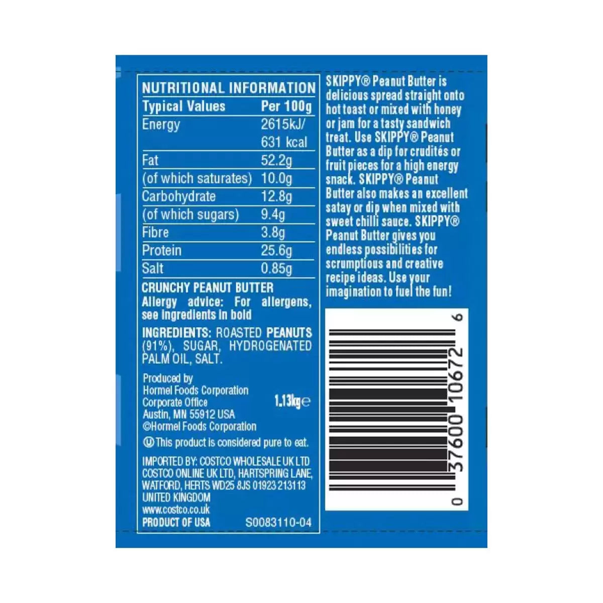 Skippy super chunk peanut butter ingredients label jar 1.13kg