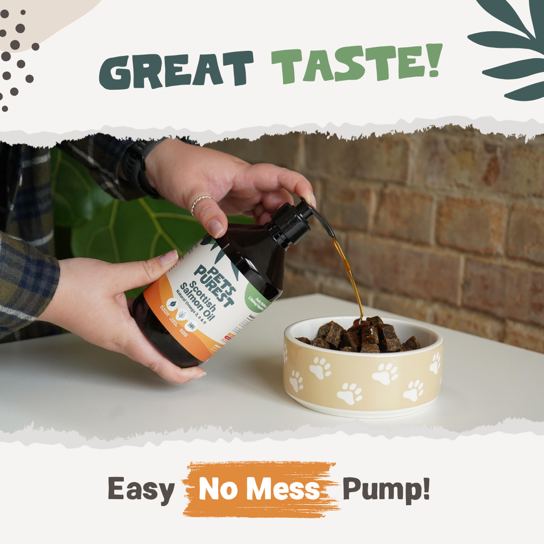 How to use
Pets Purest salmon oil feeding instructions on white background