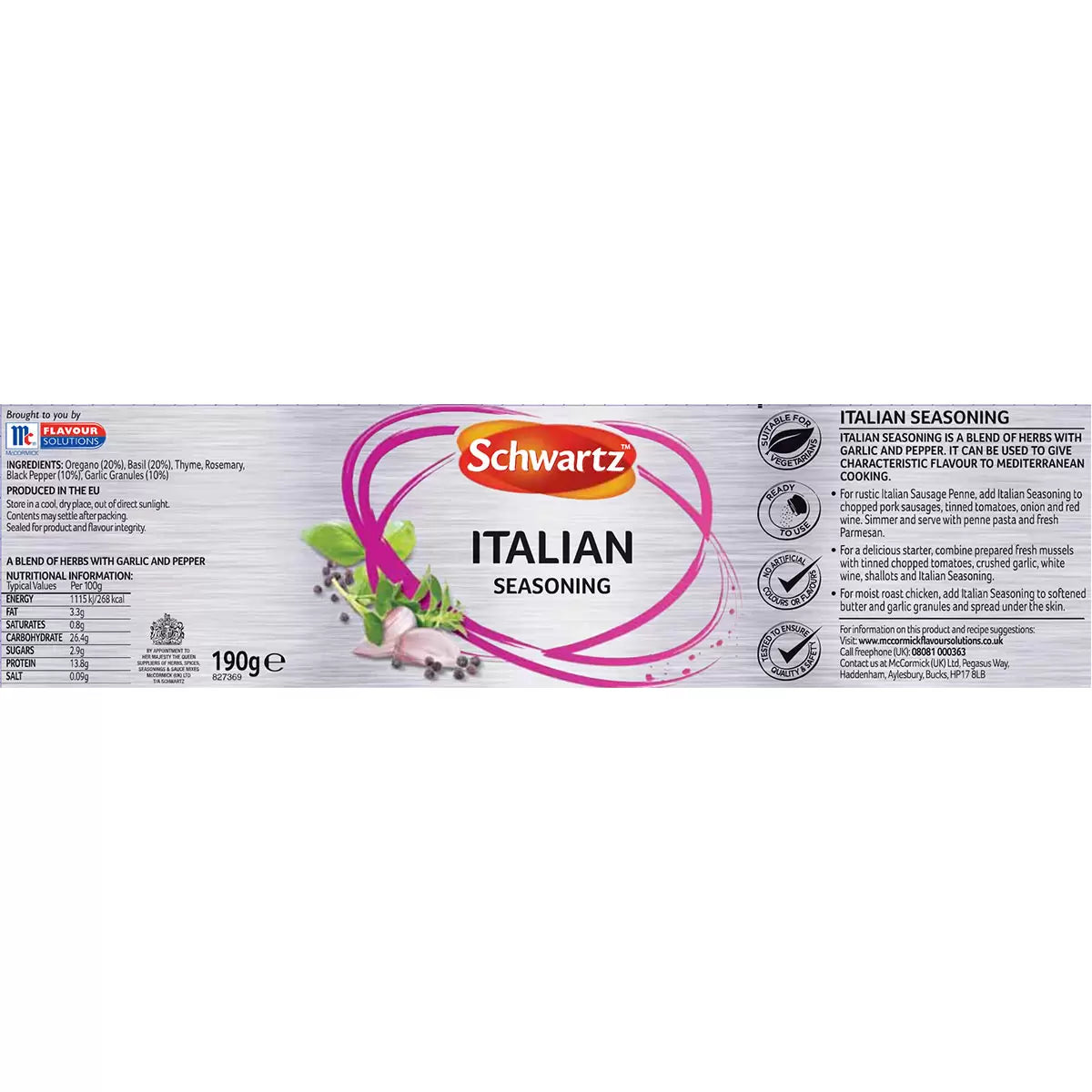 Supplement facts & ingredients image: Schwartz Italian Seasoning ingredient information packaging 190g