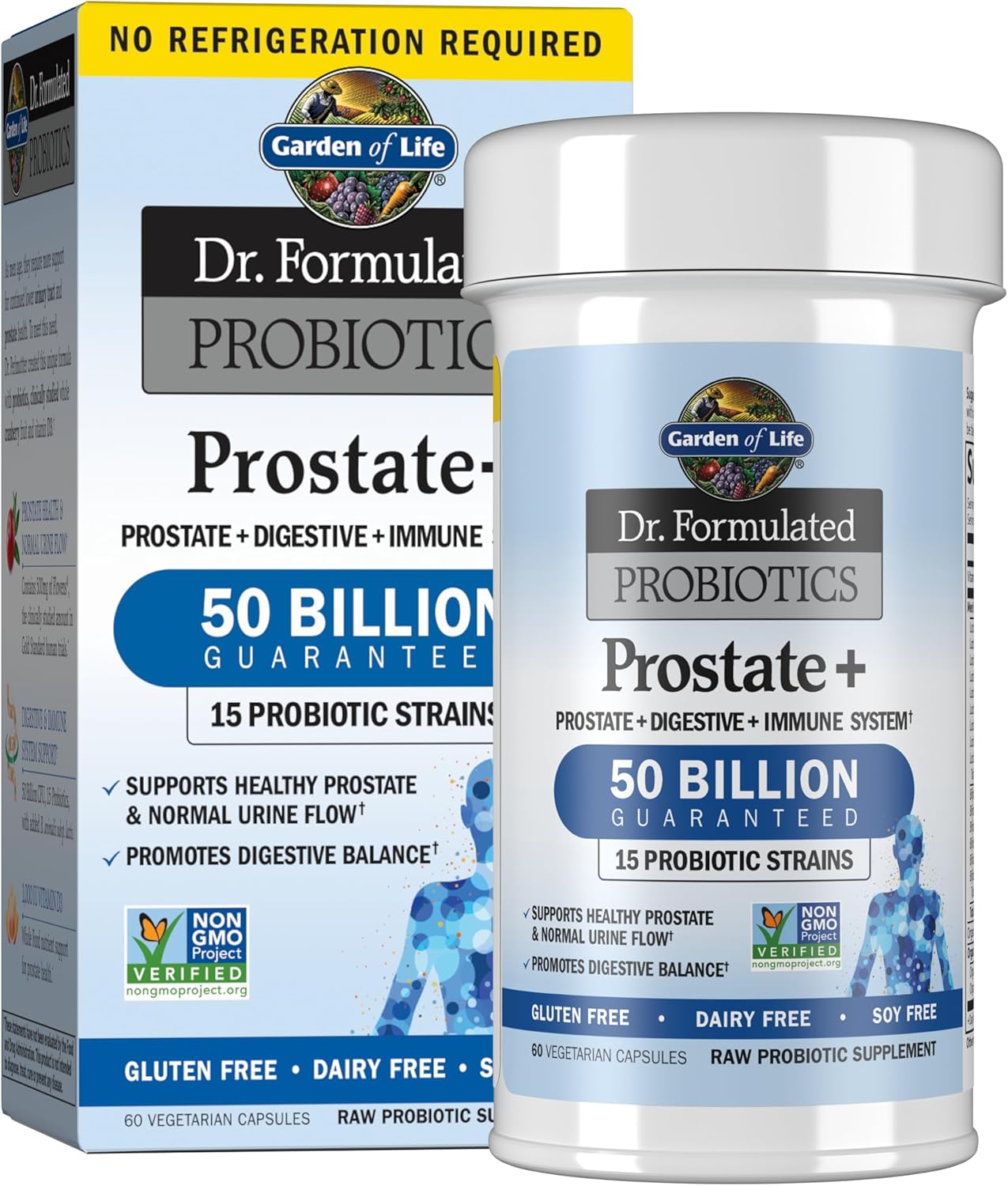 Bottle & box of Garden of Life Dr. Formulated Probiotics+ for Men, 60 vegetarian capsules.
