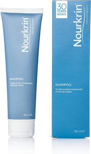 Nourkrin Hair & Scalp Care Shampoo bottle & box, 150ml, on white background.