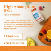 Doctor's Best High Absorption Chelated Iron, bottle packaging, unflavoured, 27mg, 120 tablets, daily use instructions