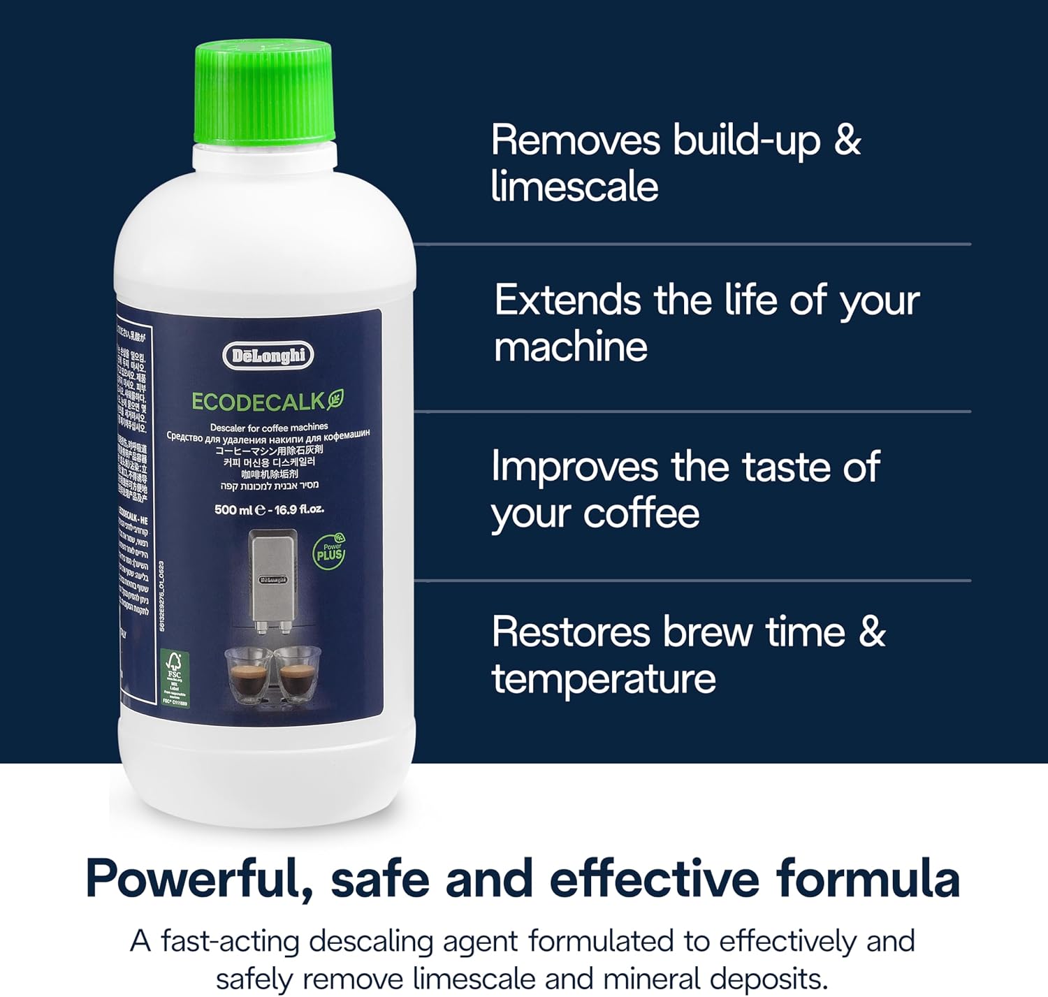 De'Longhi EcoDecalk Coffee Machine Descaler, bottle and carton packaging, unscented formula, 500ml, ingredients and safety information