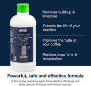 De'Longhi EcoDecalk Coffee Machine Descaler, bottle and carton packaging, unscented formula, 500ml, ingredients and safety information