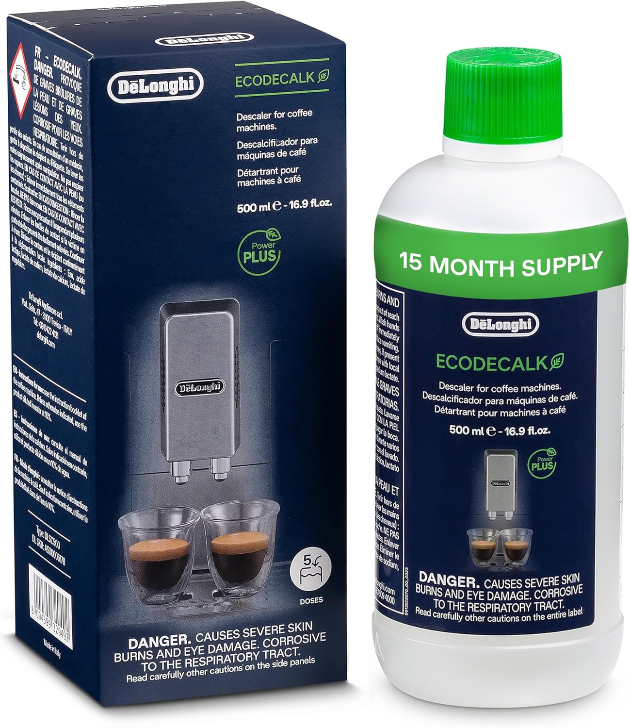 De'Longhi EcoDecalk Coffee Machine Descaler, bottle and carton packaging, unscented formula, 500ml
