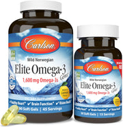 Front image: Carlson Elite Omega 3 Gems 1600 mg lemon softgels fish oil bottle 120 count