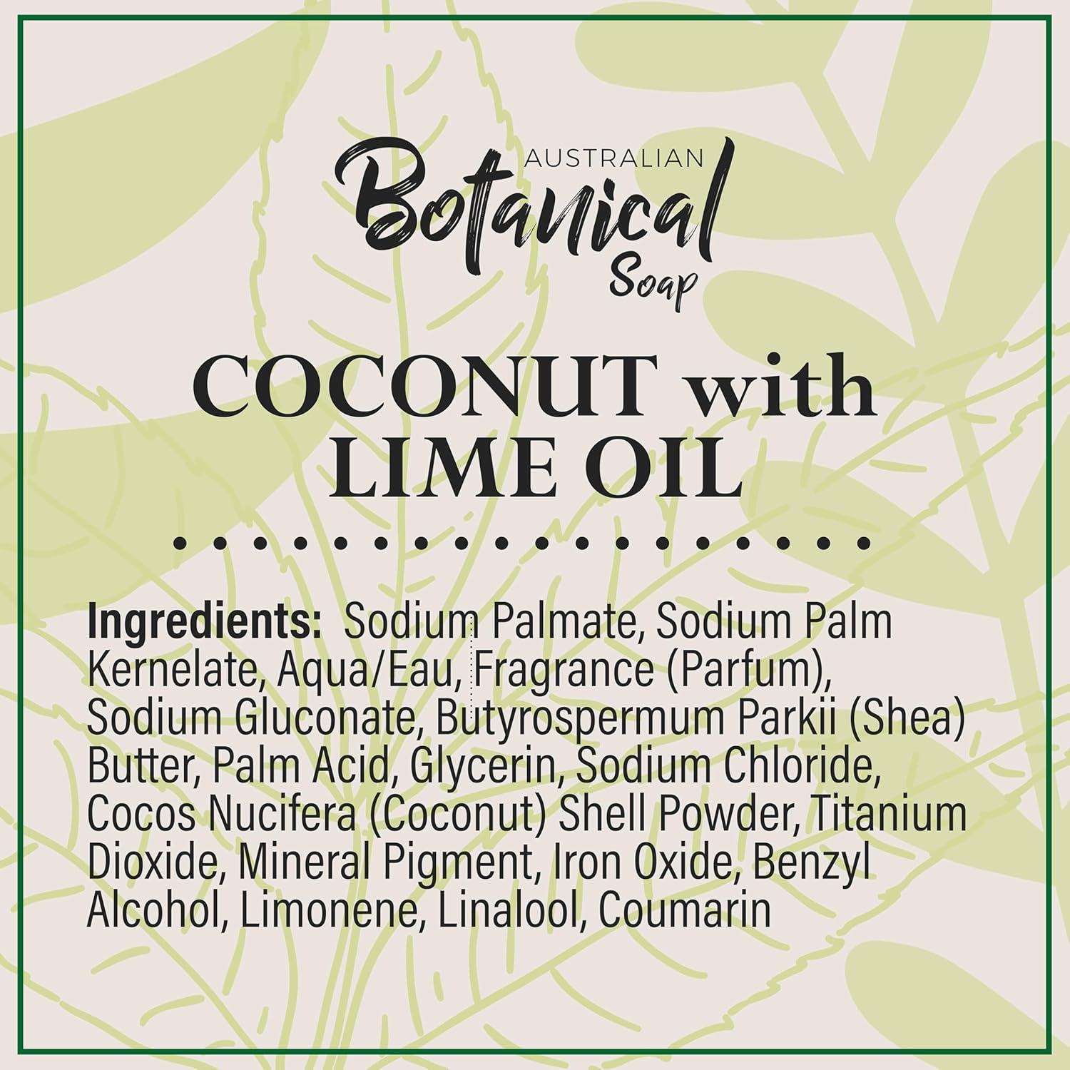 Ingredients and product details for Australian Botanical Coconut Lime soap bar pack.