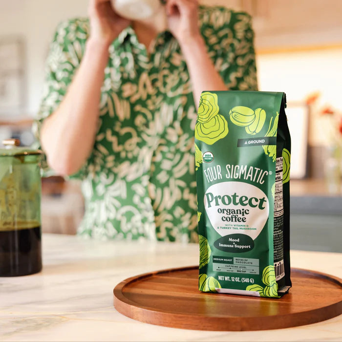 How to use
Four Sigmatic ground coffee brewing instructions on white background