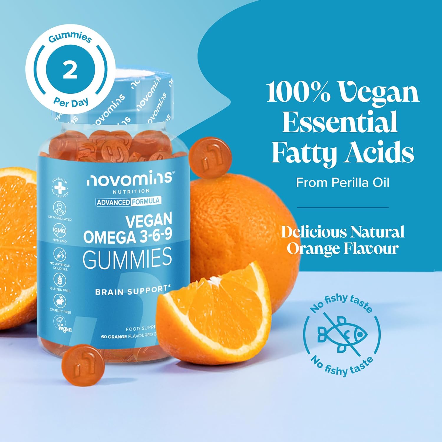Novomins Vegan Omega 3 6 9 Gummies Orange 60 Count natural orange flavour 2 per day gummies
