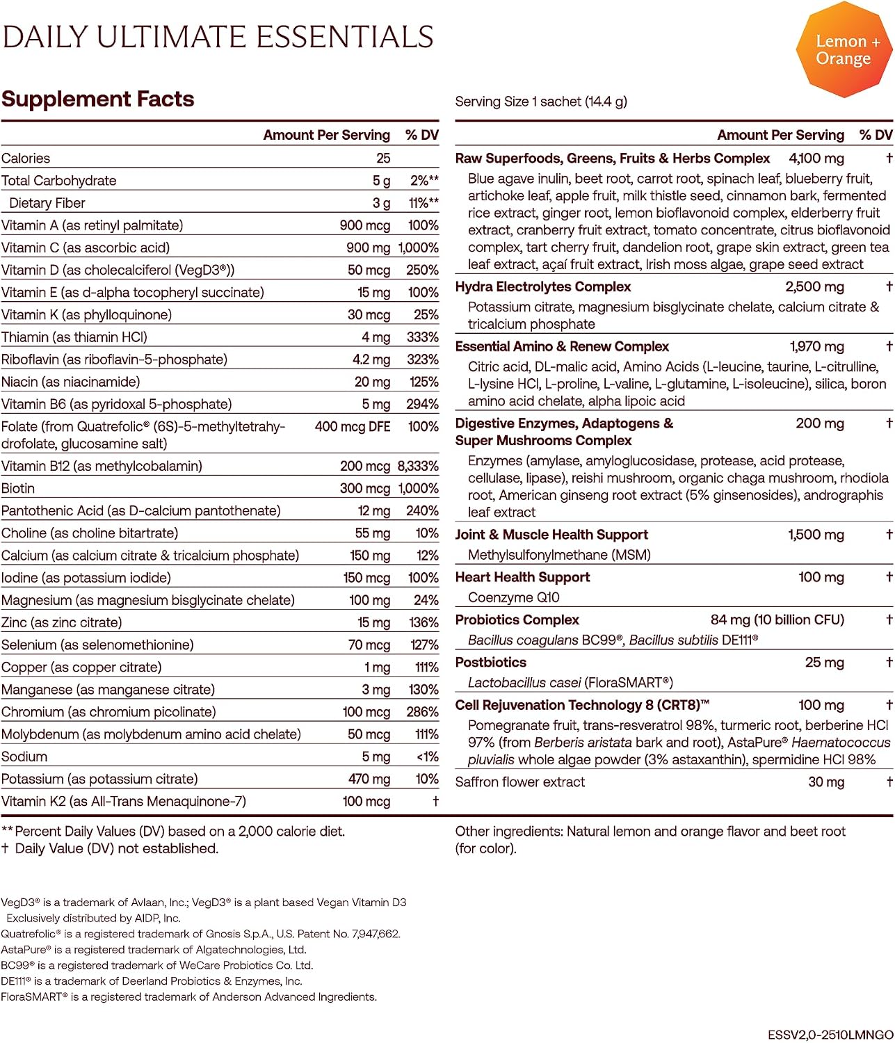 IM8 Daily Ultimate Essentials Lemon & Orange nutrition facts and ingredients 30 sachets