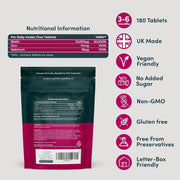 Nutrition Geeks Biotin Growth+ 10000mcg, vegan food supplement tablet packaging, no flavour, 180 tablets, ingredients and nutritional information & barcode