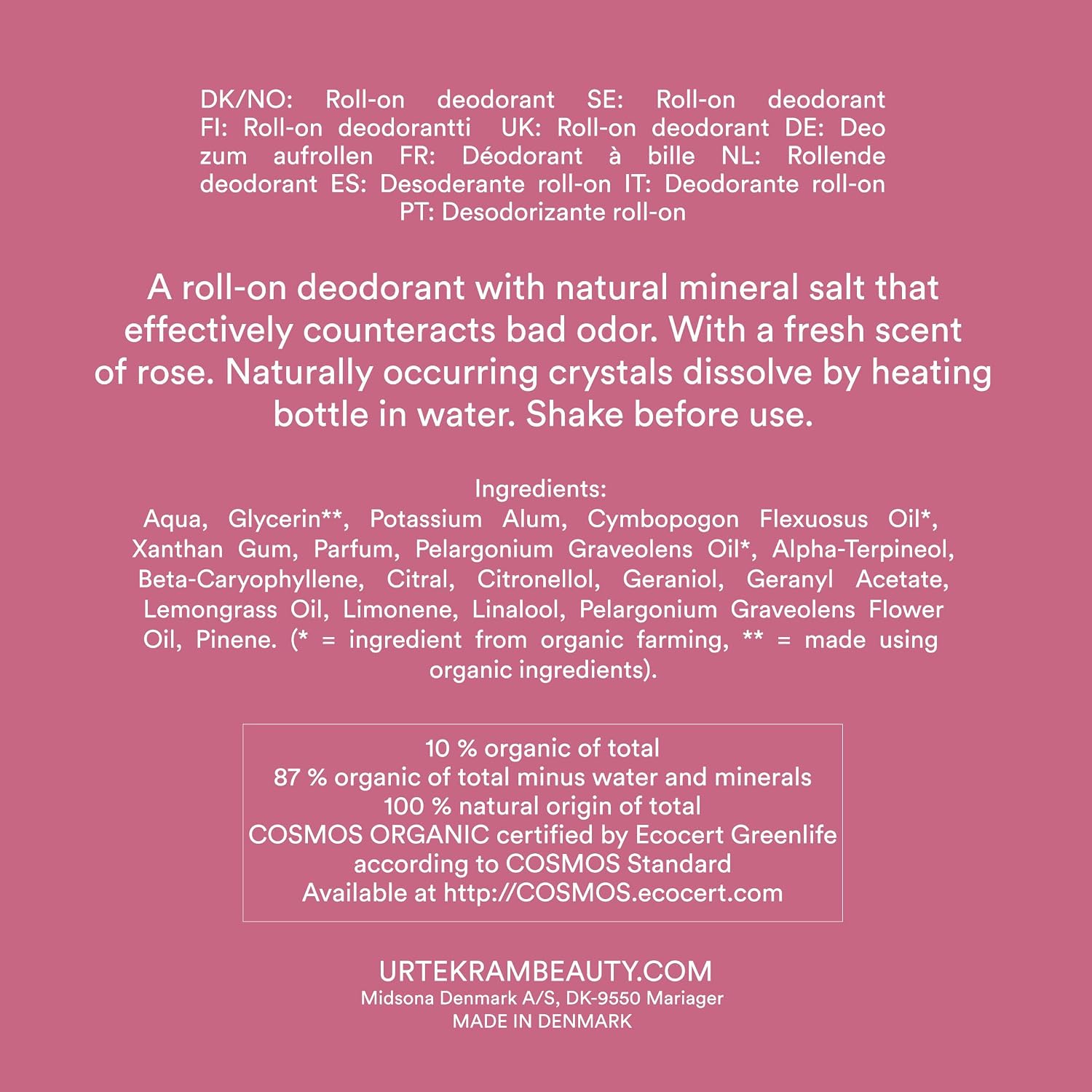 Urtekram Crystal Rose Deodorant Roll-On 50ml bottle ingredients
