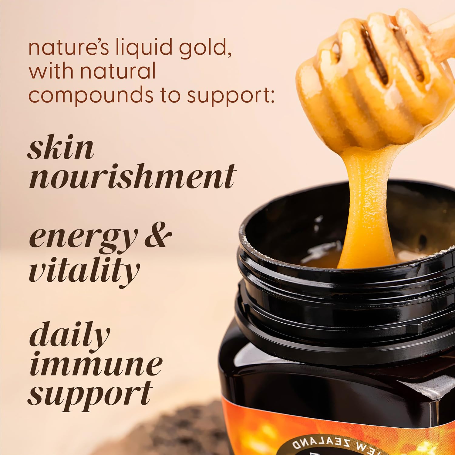 Supplement facts & ingredients image: Pure Gold Manuka honey ingredients label jar 500g