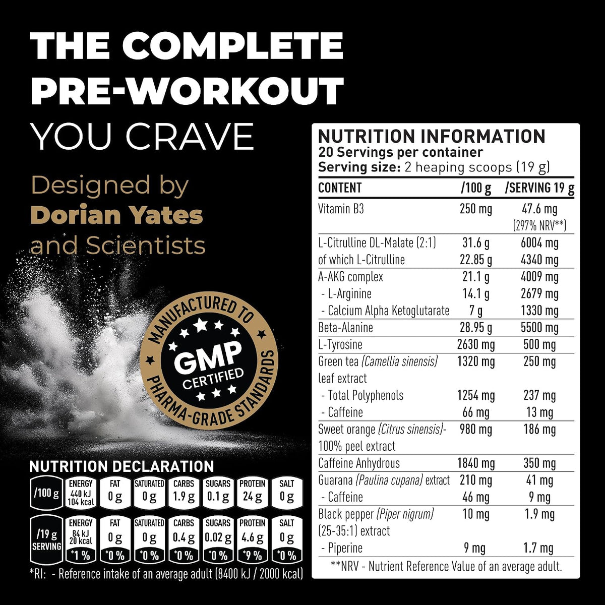 DY Nutrition Blood & Guts Watermelon Pre-Workout Powder 380g packaging showing ingredients and supplement information