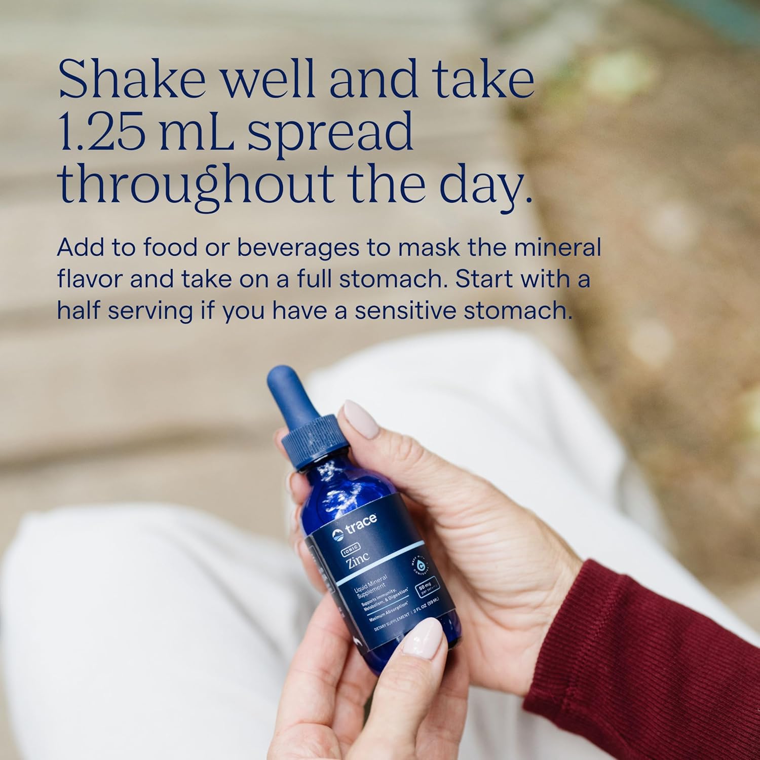 How to Use Image: Trace Minerals Ionic Zinc 50mg liquid usage instructions bottle 59ml