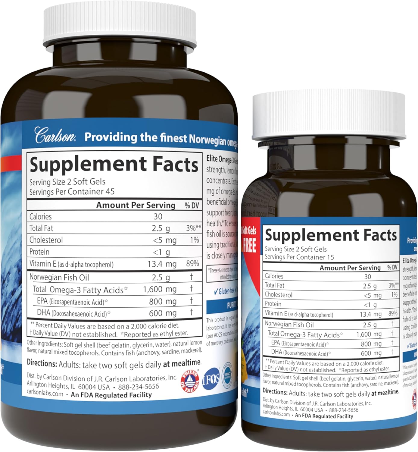 Supplement facts & ingredients image: Carlson Elite Omega 3 EPA DHA supplement facts softgels 120 count