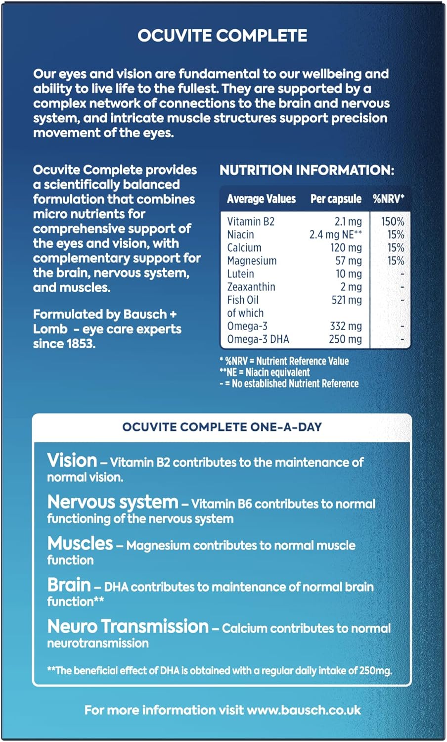 Supplement facts panel and usage instructions for Ocuvite Complete softgels.