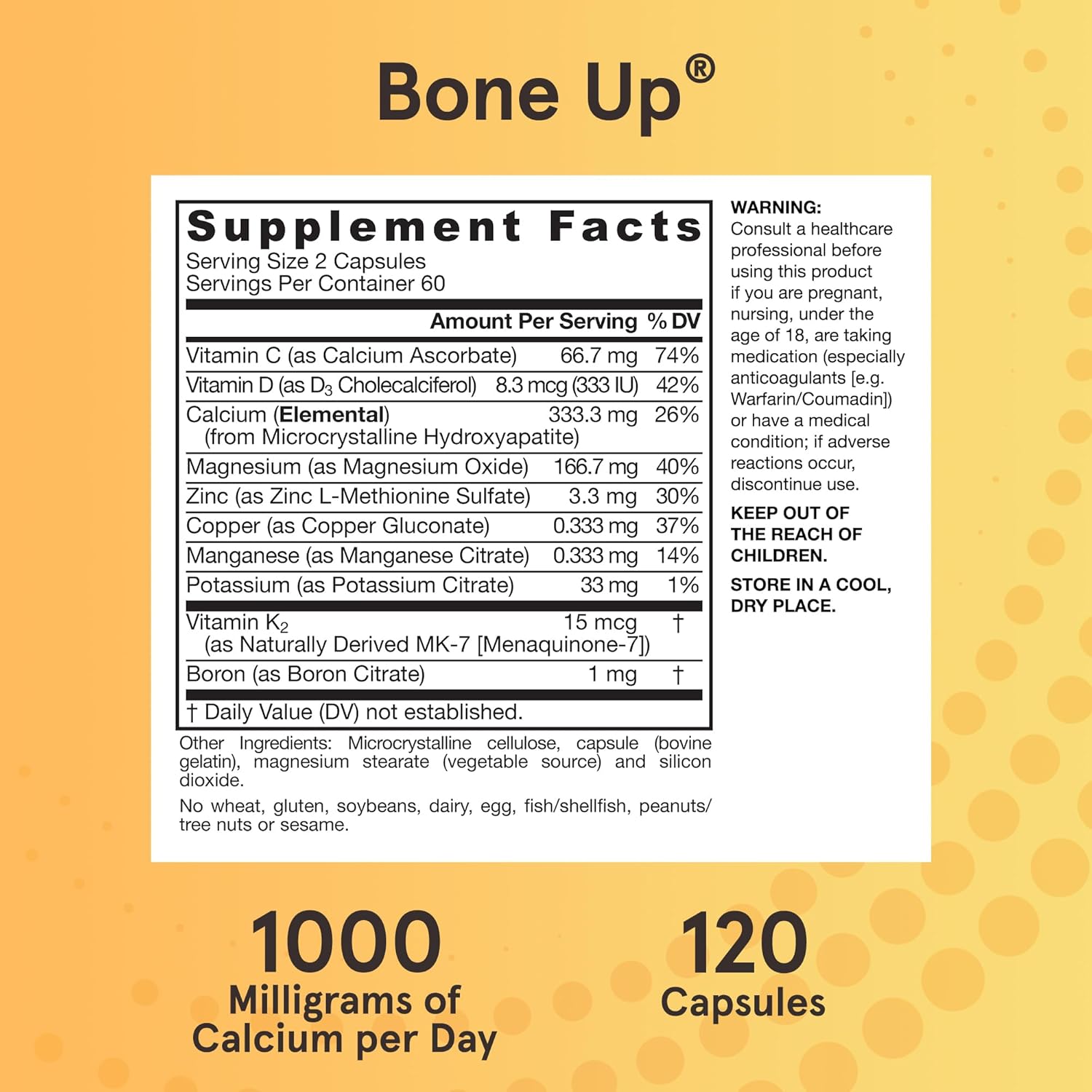 Supplement Facts Image: Jarrow Formulas BoneUp calcium 1000mg D3 K2 capsules supplement facts and ingredients
