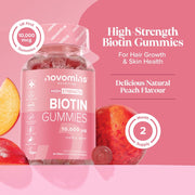 Novomins Biotin Gummies 10000mcg Peach 60 Count natural peach flavour 2 per day gummies